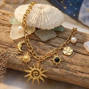 18K Gold Plated Stainless Steel Sun Moon Charm Necklace Celestial Boho Pearl 16"